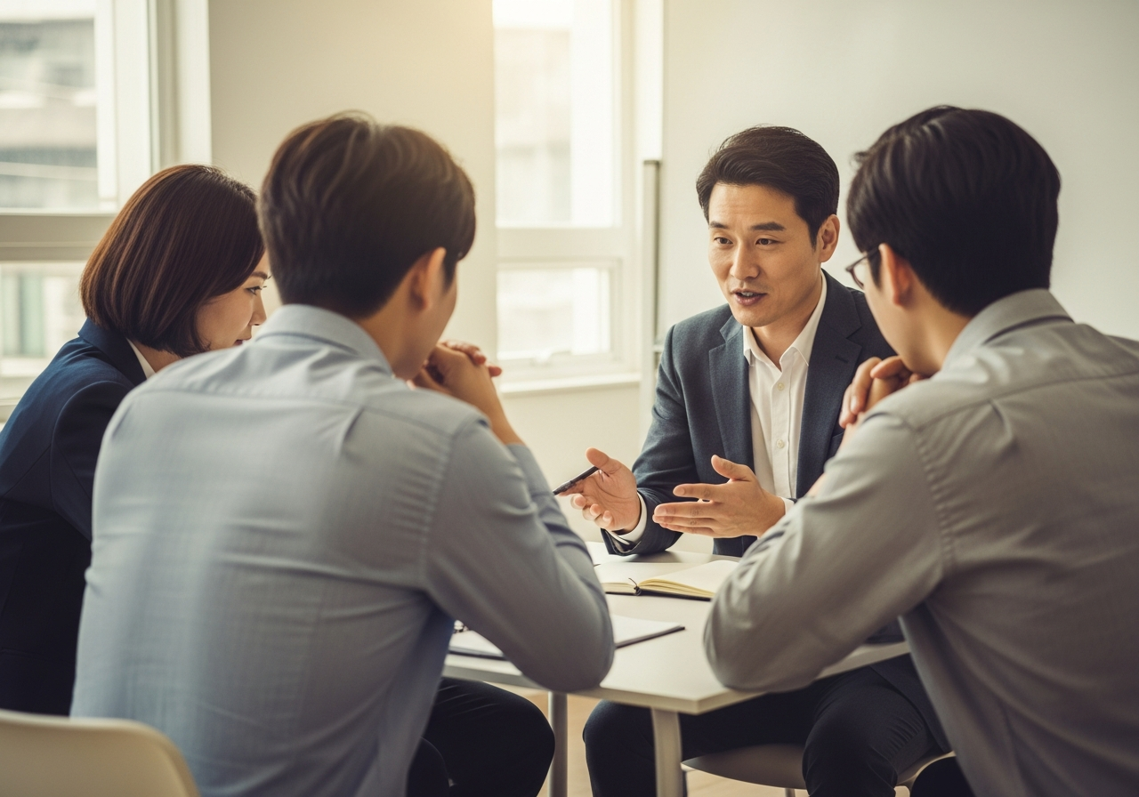 대표가 작은 회의에서 직원들에게 회사의 방향을 이야기하고 직원들이 몸을 기울여 집중해 듣는 모습