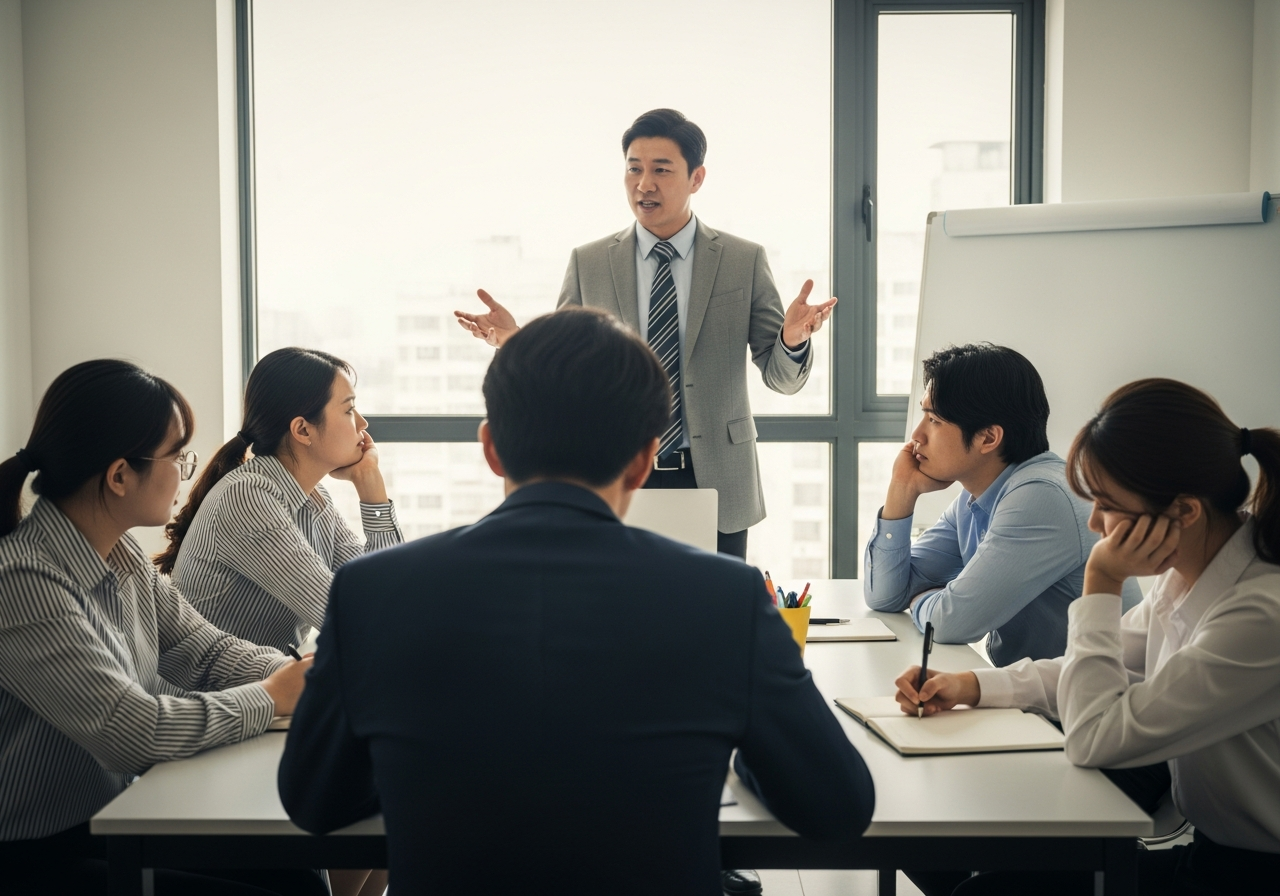 대표는 회의에서 열정적으로 말하지만 직원들은 시큰둥하게 딴 곳을 보는 소규모 회사 회의실