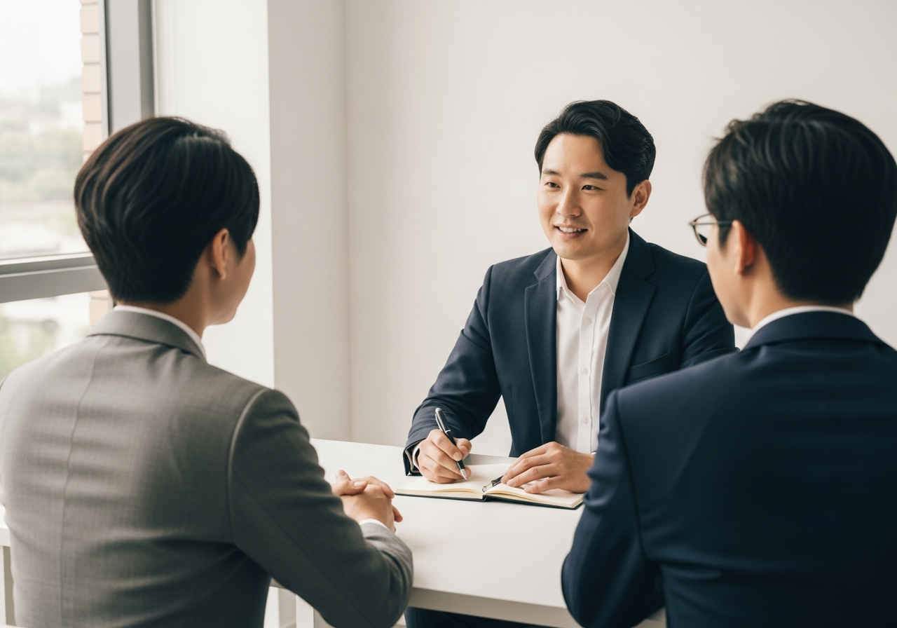 작은 회사 회의실에서 면접 중인 대표가 지원자의 이야기를 들으며 노트에 메모하는 장면